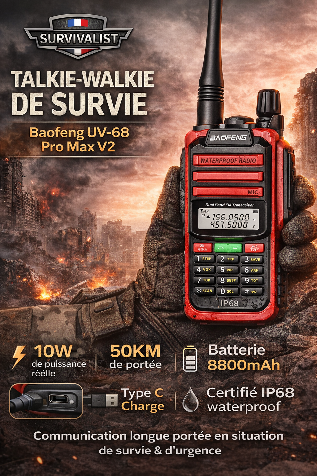 Talkie-Walkie de Survie Baofeng UV-68 Pro Max V2 – Communication Longue Portée
